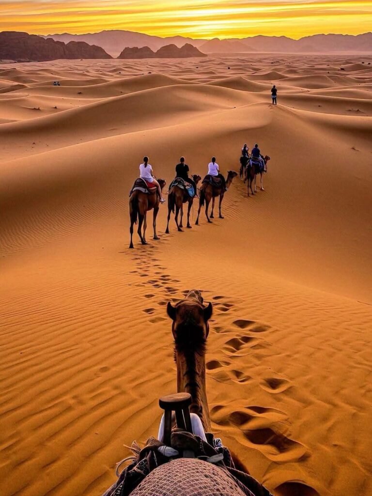 Paseo en dromedario al atardecer y amanecer en el desierto